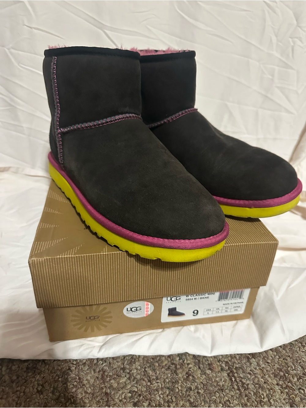 UGG Women's Short Boot in Charcoal with Pink Trim and Yellow Sole